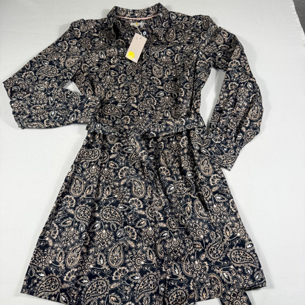 Boden Paisley Shirt Dress 8R Black Tan Cotton Belted Long Sleeve Pockets